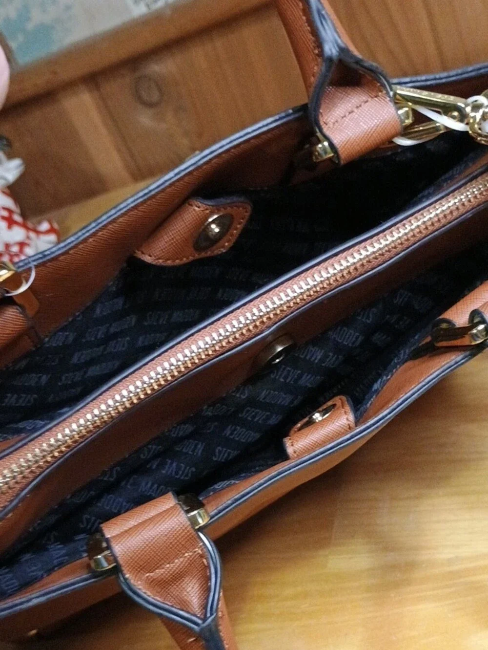 Steve Madden Cognac Satchel Handbag with Patterned Scarf